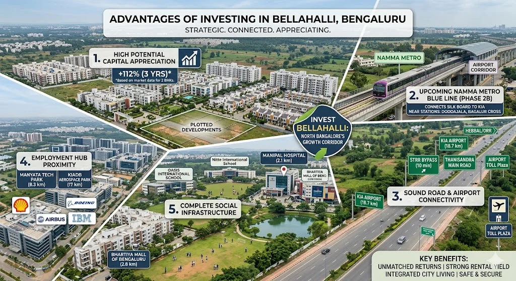 Infographic showing high rental yields, property appreciation trends, and real estate investment advantages in Thanisandra